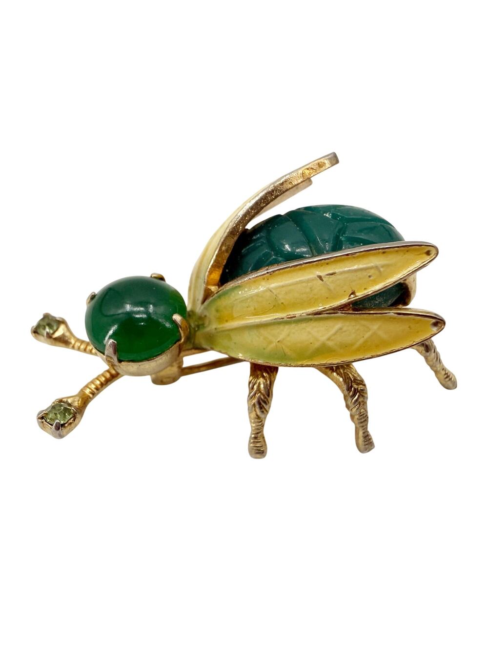 vintage Warner green & gold Bug BROOCH insect costume jewelry pin rhinestones